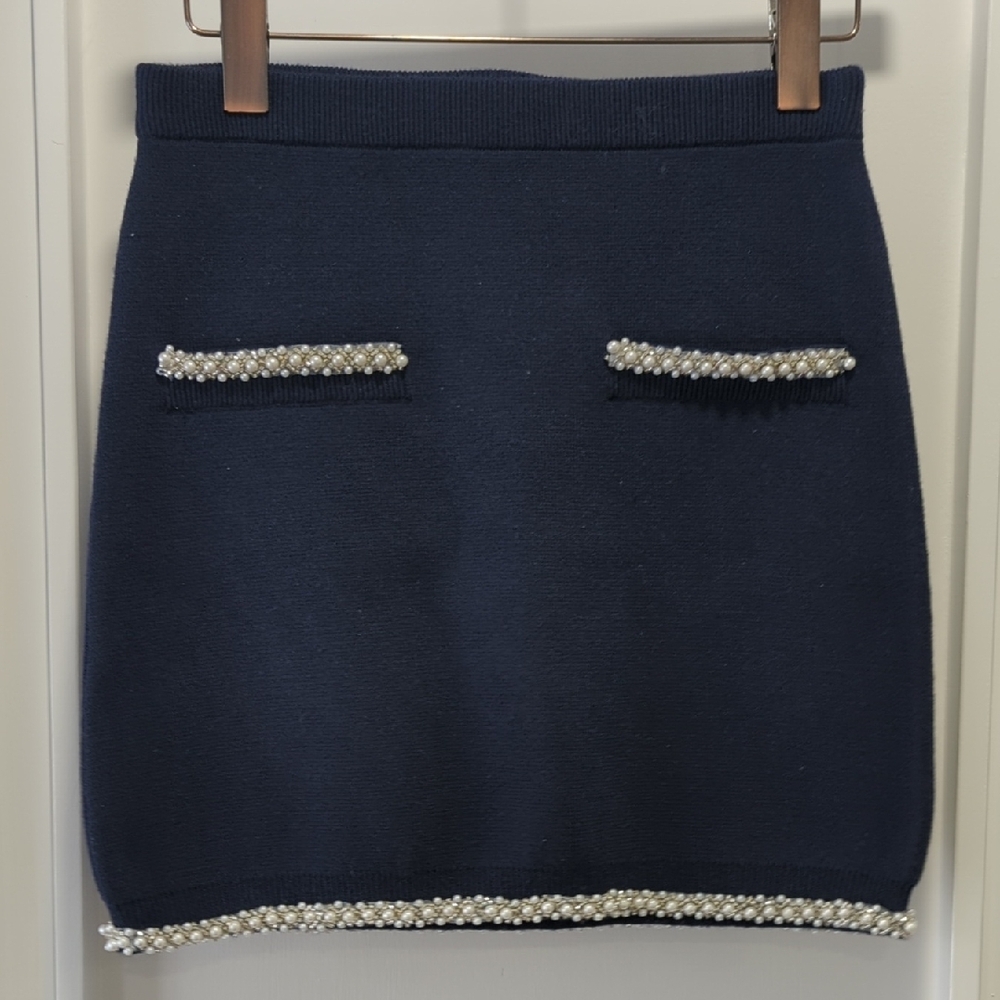 Navy Blue Cardigan and Slip Skirt Set with White Beaded Trim Details Size Medium - Picture 10 of 11